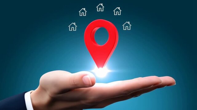 Hand holding a location pin with houses in the background