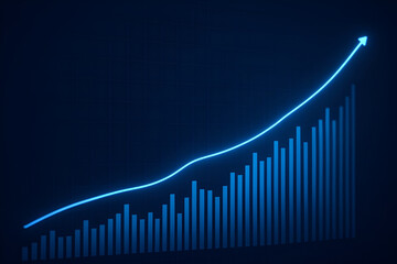 Positive Market Trend with Bright Blue Line and Trading Volume Bars – Futuristic Financial Graph on Dark Blue Grid Interface.