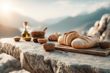 Rustic bread, olive oil, grains on stone table, serene mountain backdrop.