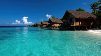 Tropical overwater bungalows vacation with crystal clear turquoise ocean view