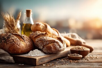 Freshly baked artisan bread loaves, ingredients on a rustic wooden table.