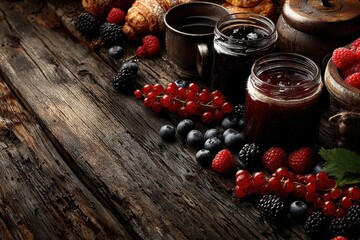 Fresh berry jams, delicious pastries, and fruit on a rustic wooden table.