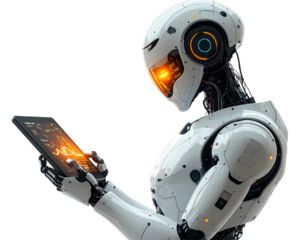  AI Robot with Market Analytics, Side Profile, Isolated.