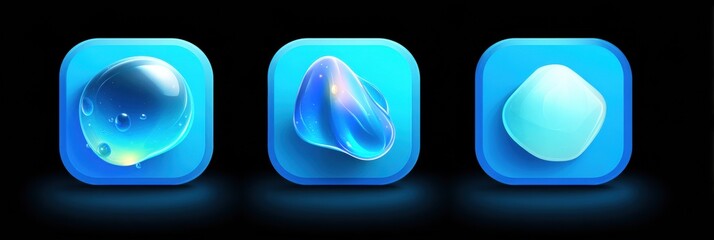 Three Blue Design Elements Showcasing Different Water Droplet Shapes Against a Black Background Highlighting Fluid Forms and Digital Aesthetics