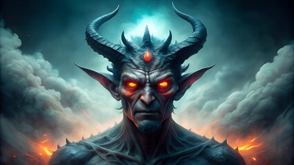 A horned demon with a piercing gaze and spiderweb, A skeletal king with a golden crown and smoky aura, A menacing demon with fiery armor and glowing eyes, Dark figure in a cloak with red energy 