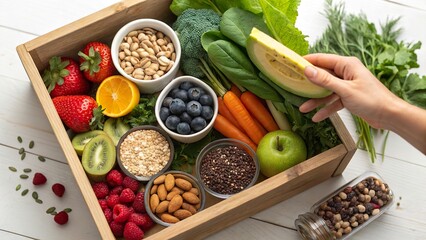 Healthy eating selection of fresh fruits and vegetables arranged in a wooden box for nutritious meal planning