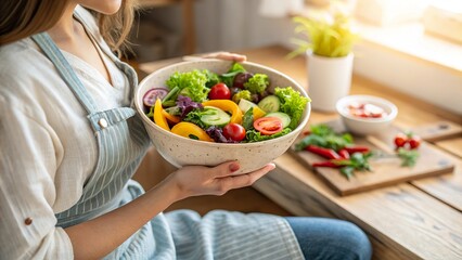 Enhancing healthy eating habits with fresh salad preparation in a cozy kitchen setting
