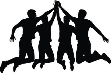 Silhouette of Four Men Jumping and High-Fiving in Unity and Team Spirit Concept, Isolated Vector on White Background