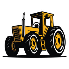 Yellow cartoon tractor with large black tires stands poised on white background ready for work
