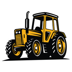Cartoonstyle yellow farm tractor shows big tires and the exhaust pipe against a white background