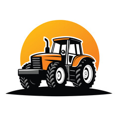 Bold orange tractor stands proudly against the stylized yellow sunset background
