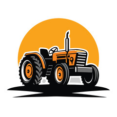 Orange tractor icon with a black shadow sits before a light yellow circle