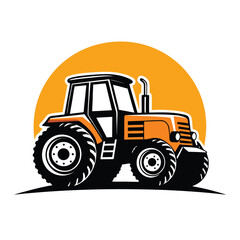 A stylized orange tractor is prominently featured against a large yellow circle backdrop