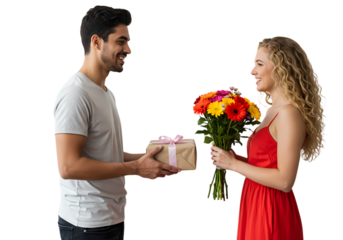 Romantic Couple Exchange Gifts Flowers Present Love Dating Relationship isolated on transparent background