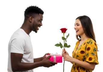 Happy Couple Exchanging Gifts and a Single Red Rose on White Background isolated on transparent background