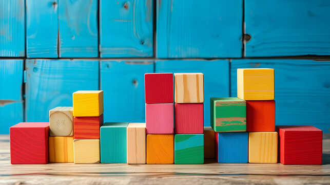 A vibrant abstract arrangement of colorful wooden blocks, stacked in a dynamic composition against a rustic blue wood background, creating a visually stimulating and texturally rich image.
