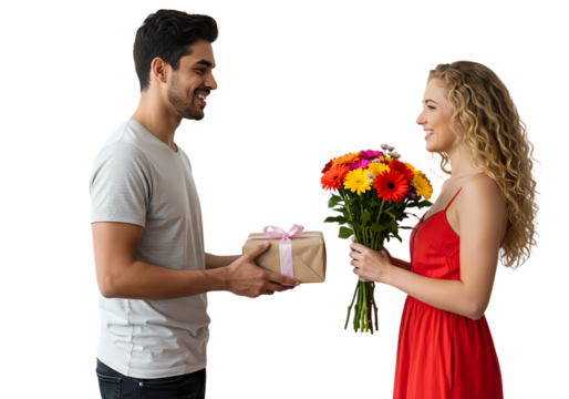 Romantic Couple Exchange Gifts Flowers Present Love Dating Relationship isolated on transparent background