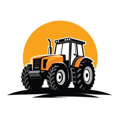 Striking orange tractor boldly stands against a large yellow sun disk illustration