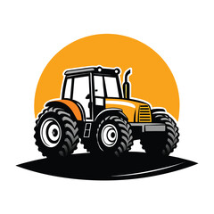 A stylized shows a yellow tractor over a dark silhouette and sunrise