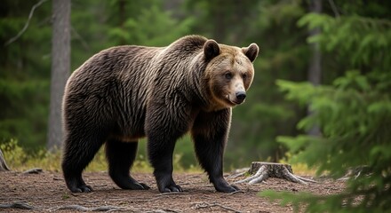 Fototapeta premium Majestic brown bear standing in a lush green forest environment.