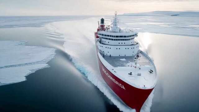 Ice-breaking vessel navigates through polar waters amidst drifting ice floes in a serene arctic landscape