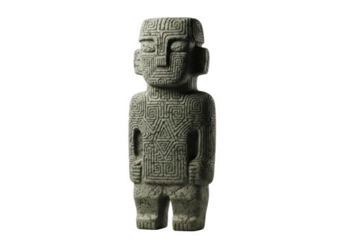 A weathered, monolithic stone effigy of a stylized human figure with intricate ancient geometric patterns on a clean, transparent studio background with copy space, concept of ancient mystery