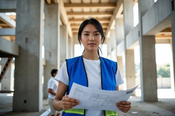 Natural light portraits of diverse, confident female architects on construction sites and in modern, minimalist studios and finished buildings.