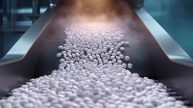 White tablets moving on conveyor belt with steam in pharmaceutical production line, symbolizing medicine drying, sterilization, and industrial healthcare process.