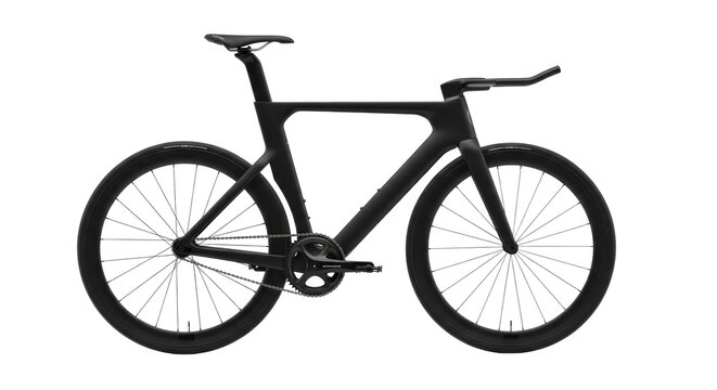 Sleek, futuristic matte black carbon fiber single-speed bicycle, minimalist design, transparent studio background with copy space, high-end product design concept