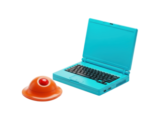 A retro-futuristic turquoise clamshell laptop, slightly open with keyboard visible, next to a vibrant orange spherical trackball mouse on a transparent studio background with ample copy space,