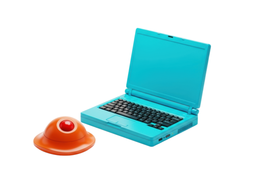A retro-futuristic turquoise clamshell laptop, slightly open with keyboard visible, next to a vibrant orange spherical trackball mouse on a transparent studio background with ample copy space,
