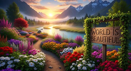 Scenic garden path with flowers and sign that says world is beautiful at sunset