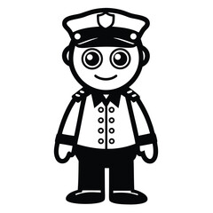 Cartoon officer stands facing front, his features outlined in black against the white background