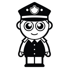 Cartoon officer stands smiling wearing police uniform and hat in black and white