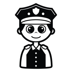 Simple black and white drawing depicts a smiling policeman wearing his uniform and cap