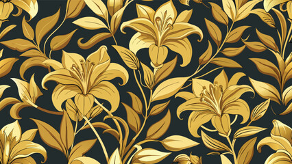 Fototapeta premium Golden lilies and leaves pattern on dark background floral