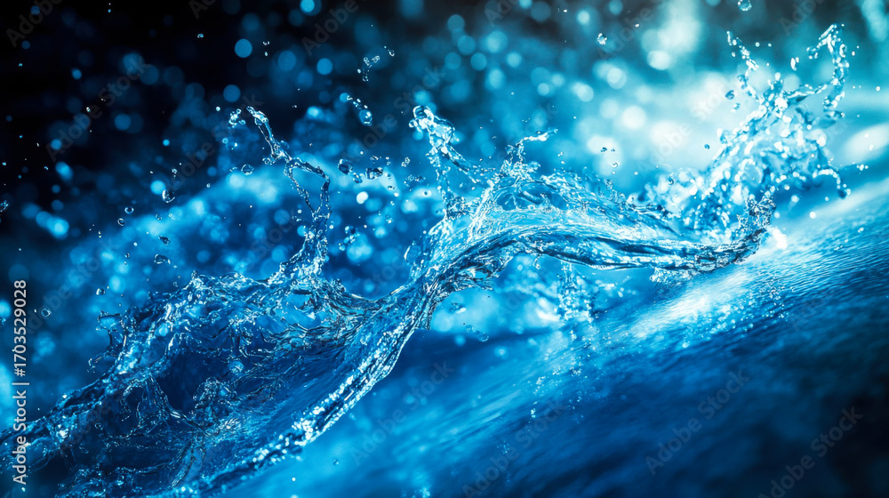 Poster dynamic splashes of water create mesmerizing patterns in a vibrant blue environment