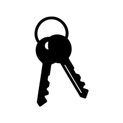 Black silhouette illustration of two keys attached to keyring, isolated on white background