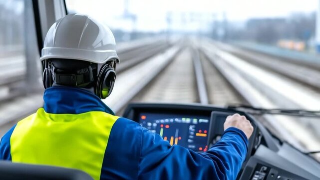 Train operator navigates railway tracks from the cab during daytime