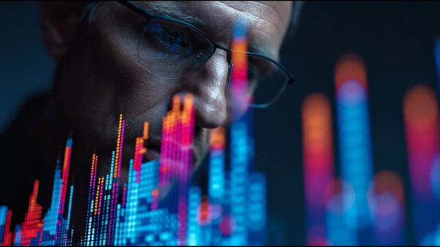 Male financial expert review economic indicators such as CPI, inflation rates, and sector trends and hologram pop up..