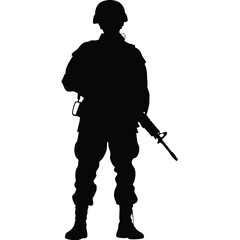 Silhouette of a soldier standing holding a rifle, ready, and armed for combat operation