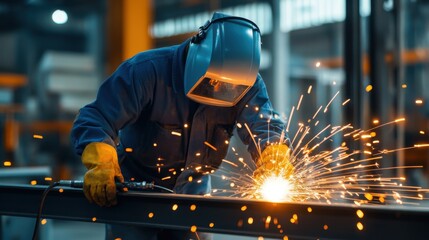 Industrial Worker Welding Metal with Sparks Flying in Manufacturing Facility
