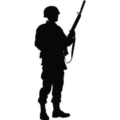 Soldier in silhouette stands holding a rifle, wearing helmet and uniform is visible