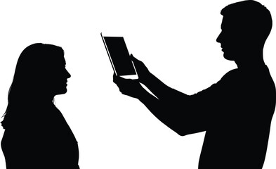 Silhouette of man showing digital tablet to woman, modern technology interaction, communication concept, digital device usage, isolated on white.