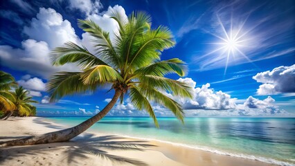 Idyllic Tropical Beach Scene with Palm Tree Turquoise Water White Sand and Bright Sun Perfect for Vacation and Relaxation Concepts