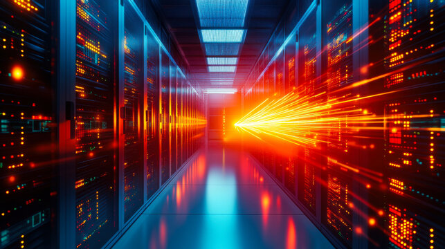 Data center with glowing servers illuminating the corridor at sunset