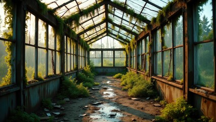 Abandoned houses,overgrown ruins,rusted machinery reclaimed by nature