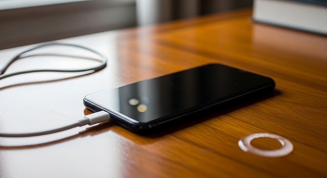 Smartphone charging on a wooden table with a cable, modern technology for communication