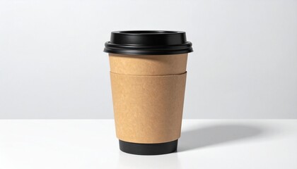 Disposable coffee cup with brown sleeve and black lid on white surface