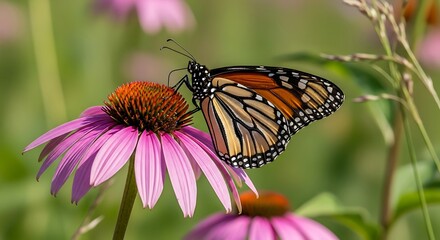 Fototapeta premium Monarch Butterfly on Purple Coneflower in Garden.